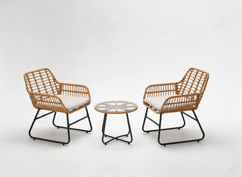 GARDEN FURNITURE SET (2 CHAIRS, TABLE) - BROWN, CUSHIONS - GREY