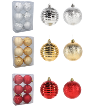 SET OF 6 BAUBLES 8 CM RED/GOLD/SILVER