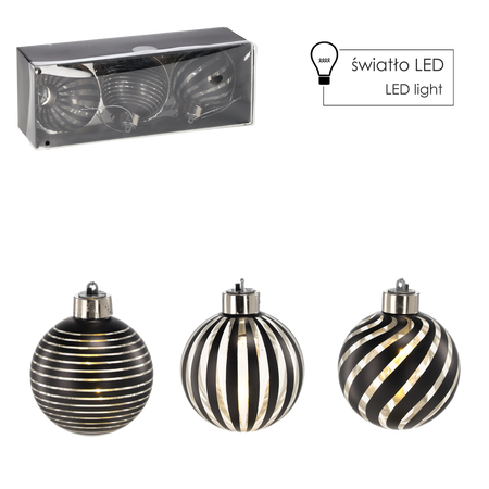 KPL. 3 BOMBEK SZKLANYCH - SREBRNE 8 CM LED *4372