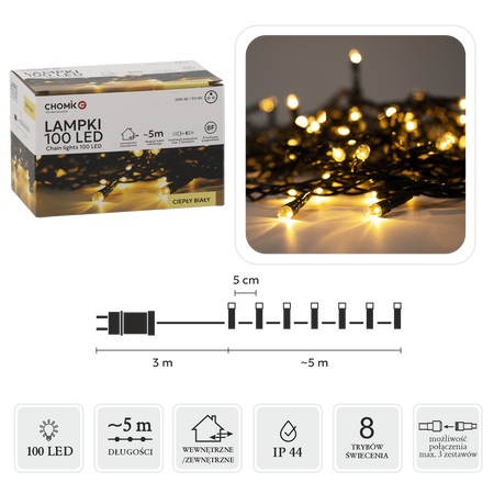LED ŽIAROVKY 100L TEPLÁ BIELA DĹ. 3 + 5 M VNÚTR/OVON *9416