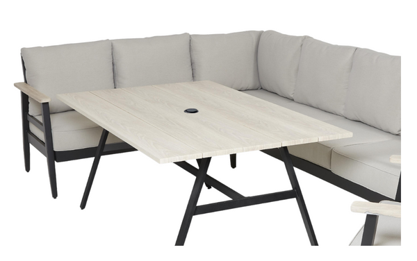 ZESTAW MEBLI OGRODOWYCH ALUMINIOWYCH (SOFA NAROŻNA + STÓŁ + FOTEL) BEŻOWY + BEŻOWE PODUSZKI