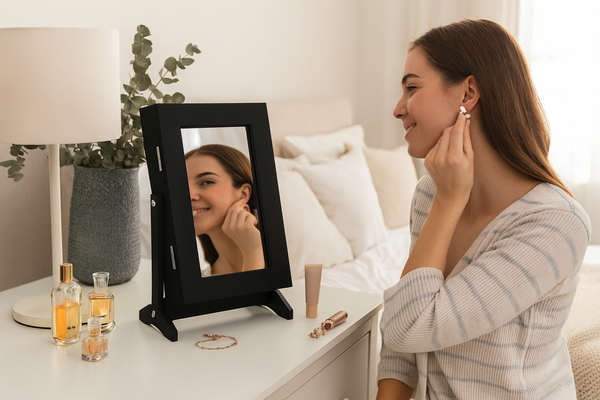 SZAFKA NA BIŻUTERIĘ Z LUSTREM CZARNA 21 x 15 x 35 cm *8072