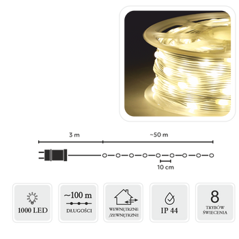 LAMPKI LED MICRO NA SZPULI 1000L CIEPŁY BIAŁY, DŁ. 3 + 100 M *8554