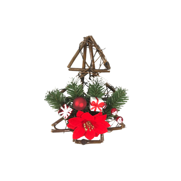 WOODEN HANGING CHRISTMAS TREE 25 CM RED WITH POINSETTIA