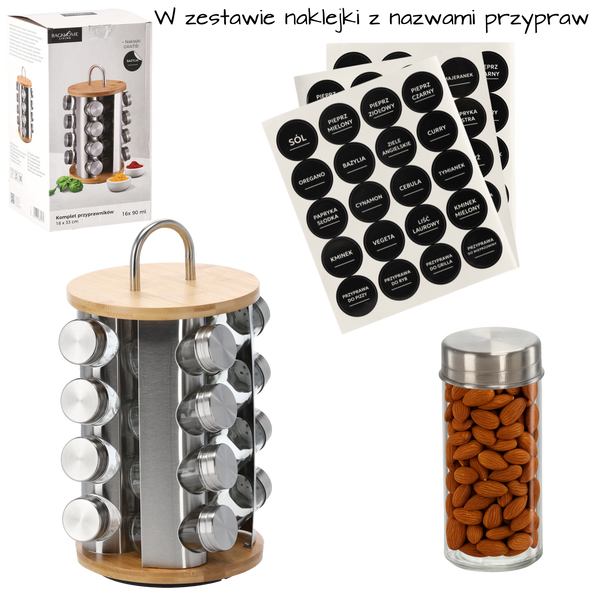 PRZYPRAWNIK OKRĄGŁY 18 x 33 CM Z RĄCZKĄ 16 SŁOICZKÓW BAMBUSOWO-SREBRNY *9172