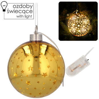 OZDOBA ŚWIĄTECZNA SZKLANA FI 12 CM LED BOMBKA ZŁOTA W GWIAZDKI opak=6szt *2775