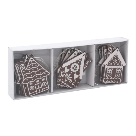 SET OF 18 WOODEN CHRISTMAS DECORATIONS DARK BROWN ASSORTED 3 DESIGNS HOUSES