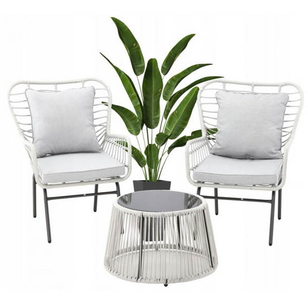 GARDEN FURNITURE SET - ( 2 ARMCHAIRS + TABLE ) - GREY CUSHIONS