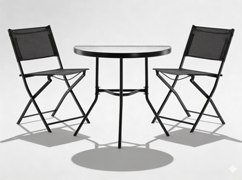 ZESTAW MEBLI BALKONOWYCH - STOLIK POŁÓWKA + 2 SKŁADANE KRZESŁA  - CZARNY