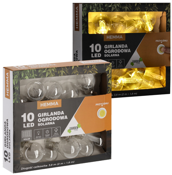 SOLÁRNÍ ZÁHRADNÍ ŘETĚZEC DÉLKA 2 + 1,8 M HEMMA 10 LED TEPLÁ BÍLÁ VELKÁ ŽÁROVKA *3606