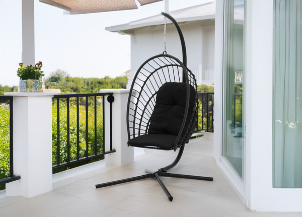 ERIS BLACK HANGING FOLDABLE CHAIR, PILLOW - BLACK, FRAME - BLACK