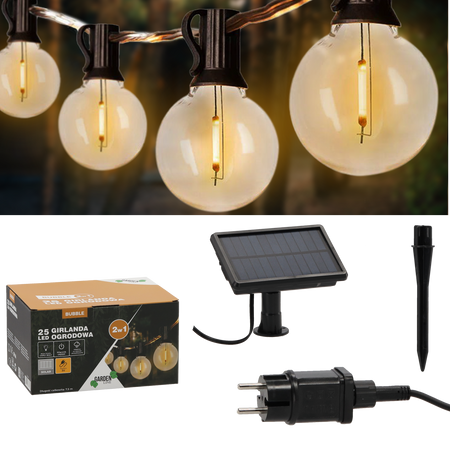 GIRLANDĂ PENTRU GRĂDINĂ 2în1 (SOLARĂ / 3 V) LUNGIME 7,5 M BUBBLE 25 LED ALB CALD CU SUPORTURI *1304