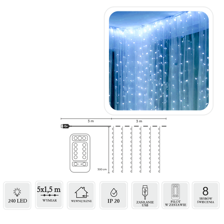 KURTYNA ŚWIETLNA DRUCIKI 240L ZIMNY BIAŁY, 5 x 1,5 M, USB, Z PILOTEM *8486