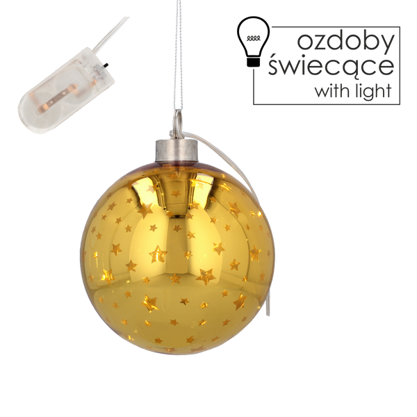 GLASS CHRISTMAS ORNAMENT 10 CM LED GOLDEN BAUBLE WITH STARS