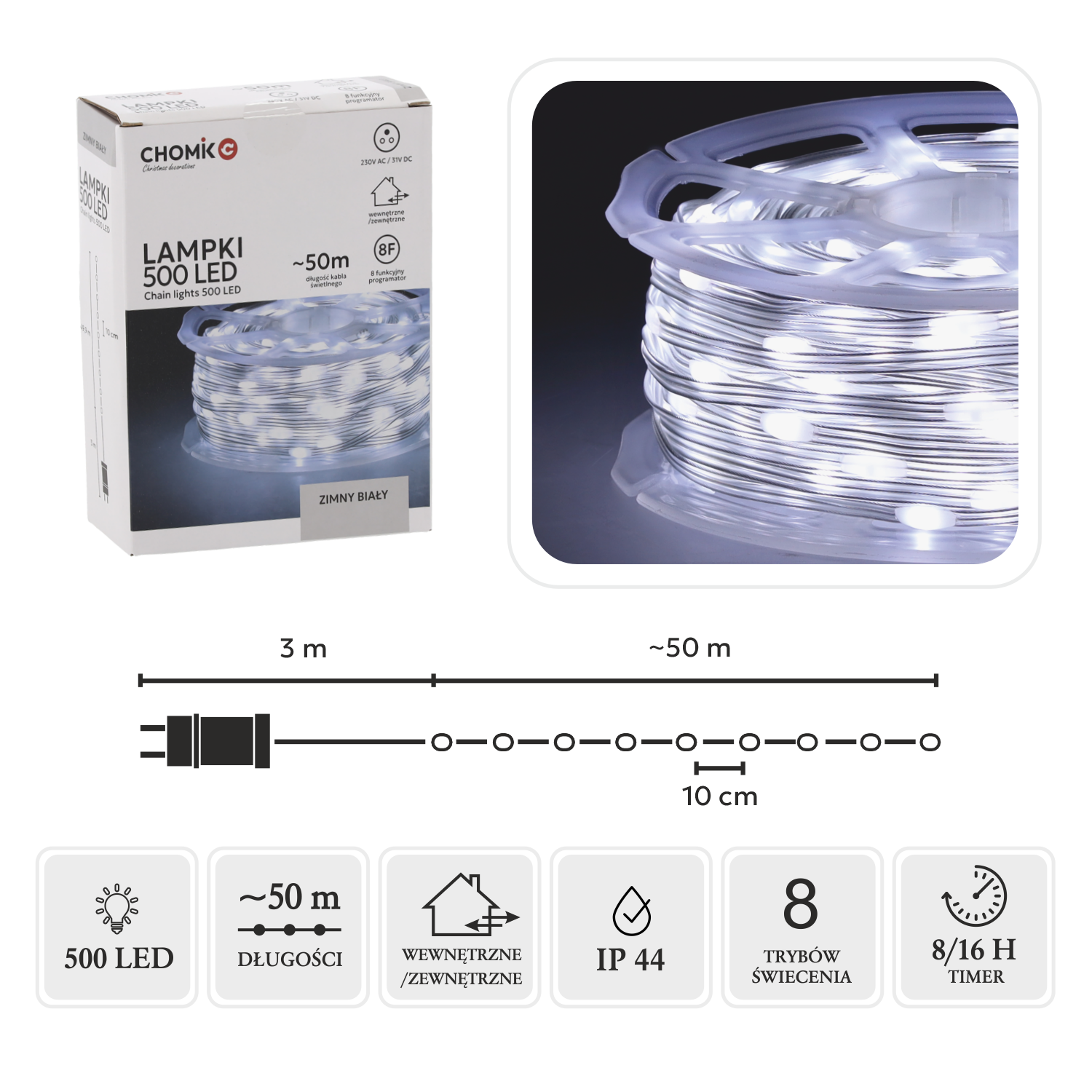 LAMPKI LED MICRO NA SZPULI 500L ZIMNY BIAŁY, DŁ. 3 + 50 M *0122