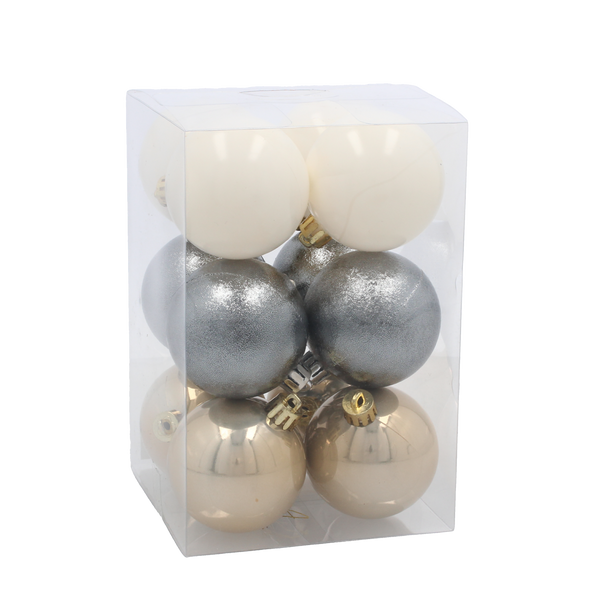 SET OF 12 BAUBLES 6 CM CHAMPAGNE/GRAY/WHITE