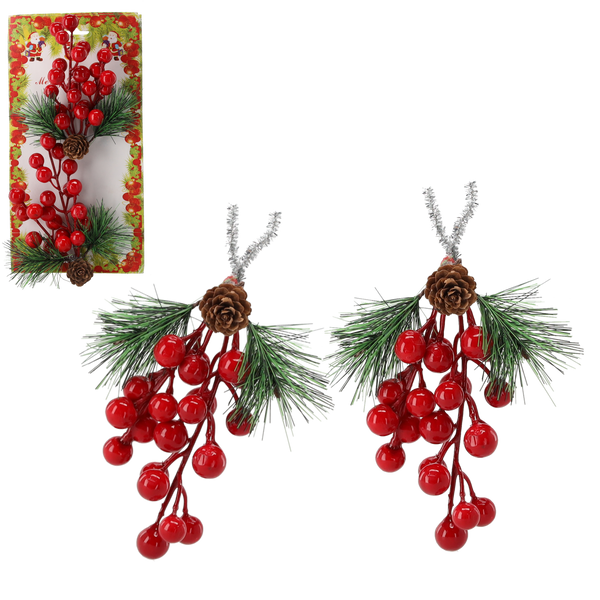 SET OF 2 DECORATIVE BRANCHES 11 X 15 CM WITH MOUNTAIN ASH AND CONES 