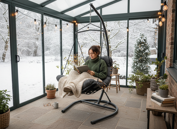 FOTEL WISZĄCY TUMBER - ANTRACYTOWY, ANTRACYTOWA PODUSZKA, ANTRACYTOWA RAMA 