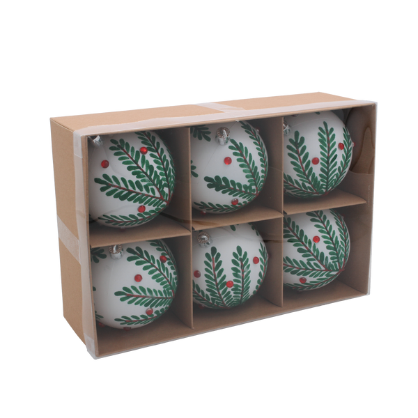 SET OF 6 CHRISTMAS TREE ORNAMENTS - WHITE WITH BRANCHES 8 CM