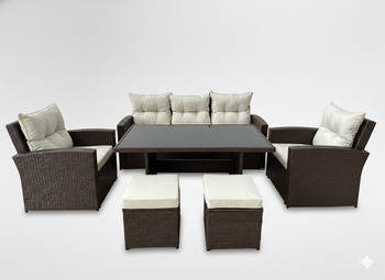 DUŻY ZESTAW MEBLI OGRODOWYCH (SOFA, 2 FOTELE, 2 PUFY, STOLIK) - BRĄZOWY, PODUSZKI - BEŻOWY