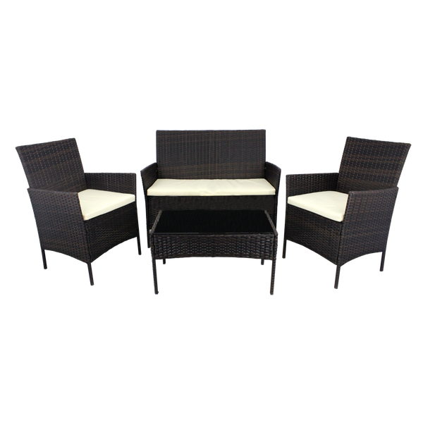 SÚPRAVA RATTANOVÝCH NÁBYTKOV (ROHOVÁ SOFA, 2 KRESLÁ, STOLÍK) HNEDÁ + KRÉMOVÁ. POD. *1408