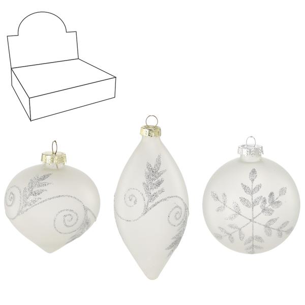 GLASS ORNAMENT - MATTE WHITE DECORATED MIXED PATTERNS