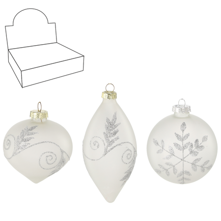 GLASS ORNAMENT - MATTE WHITE DECORATED MIXED PATTERNS