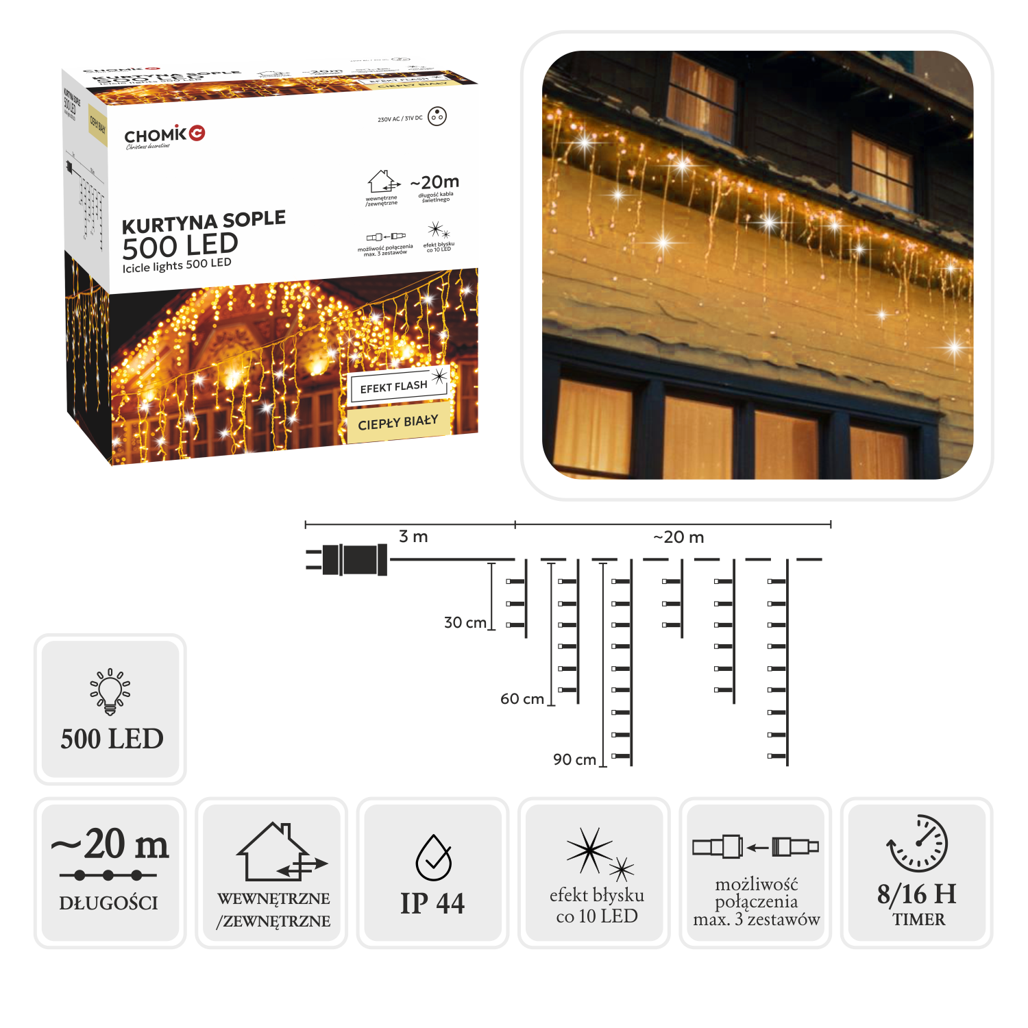 KURTYNA SOPLE 500L CIEPŁY BIAŁY + ZIMNY FLASH, DŁ. 3 + 20 M *9881
