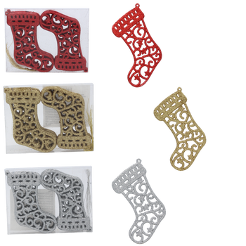 SET OF 12 CHRISTMAS DECORATIONS - HOLLOW BOOTS 10 CM RED/GOLD/SILVER