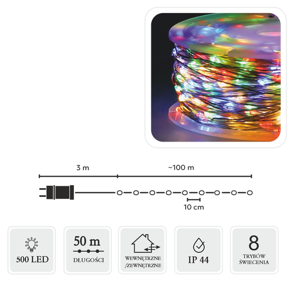LAMPKI LED DRUCIKI NA SZPULI 500L MULTIKOLOR, DŁ. 3 + 50 M *8547