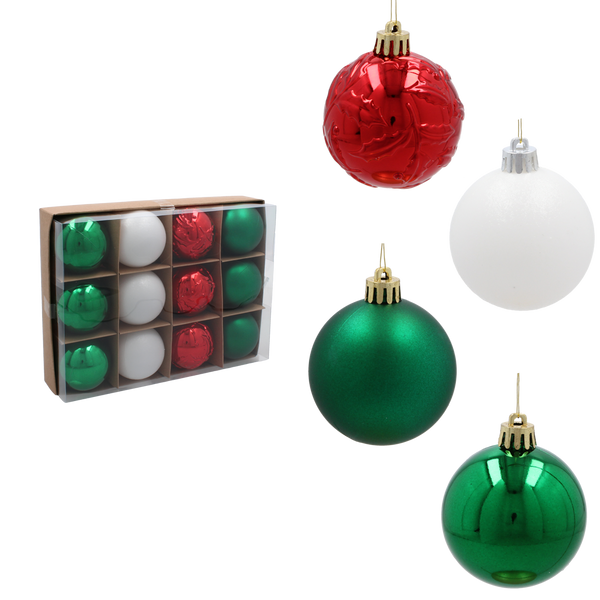 SET OF 12 BAUBLES 6 CM RED/GREEN/WHITE 