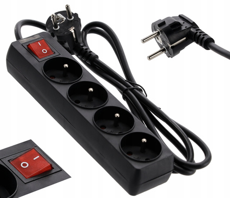EXTENSION CORD POWER STRIP WITH SWITCH 4 SOCKETS 1.5M BLACK