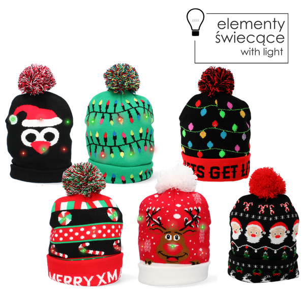 CZAPKA ŚWIĄTECZNA LED - MIX WZORÓW opak=8szt *8637