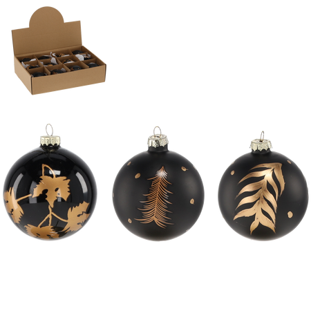GLASS BAUBLE 8 CM BLACK DECORATED MIX DESIGNS