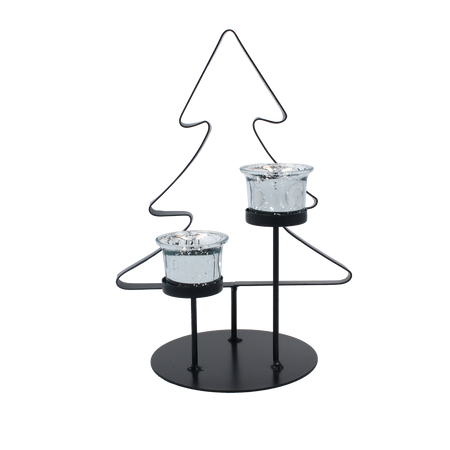 METAL TEALIGHT HOLDER BLACK - CHRISTMAS TREE WITH TWO GLASS INSERTS 30 CM