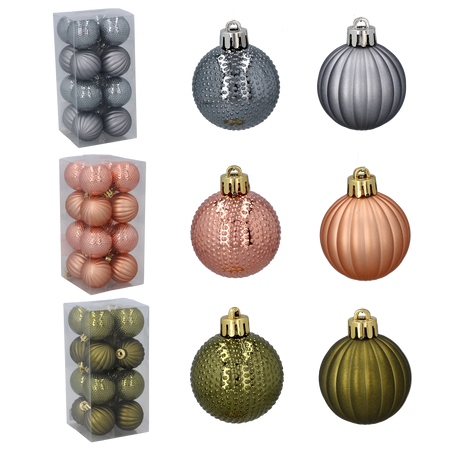 SET OF 16 BAUBLES 4 CM OLIVE/COPPER/GRAPHITE MIX DESIGNS