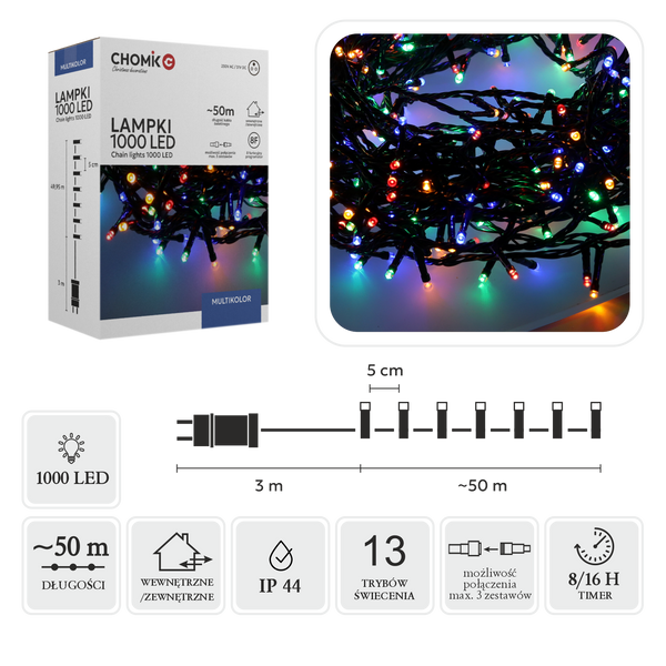 LAMPKI LED 1000L MULTIKOLOR DŁ. 3 + 50 M WEWN/ZEWN *8448