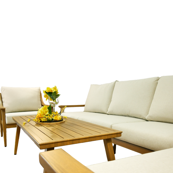 ALUMINUM FURNITURE "NIKOZJA" SET (3-SEATER SOFA + 2 ARMCHAIRS + TABLE) BEIGE + BEIGE CUSHIONS