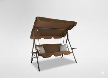 HUŚTAWKA OGRODOWA A-TYPE 170 x 118 x 153 cm BRĄZOWA Z BEŻOWYMI POD. I PODSTAWKAMI NA KUBEK