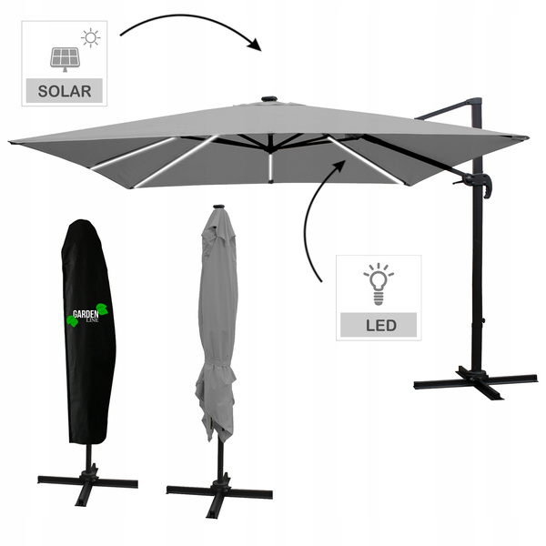 PARASOL OGRODOWY 3 x 3 M SZARY "ROMA" Z POKROWCEM Z LED *1558