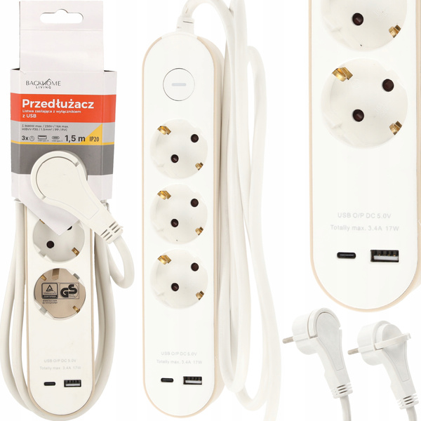 Prodlužovací kabel s vypínačem 3 zásuvky 230V a 2 USB zásuvky 1,5 m bílý *2585