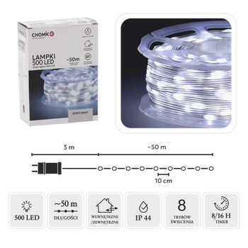 LAMPKI LED MICRO NA SZPULI 500L ZIMNY BIAŁY, DŁ. 3 + 50 M *0122