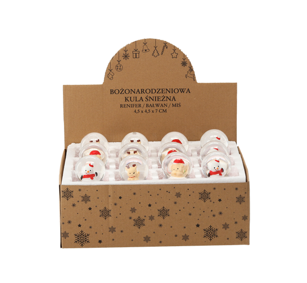 BOŻONARODZENIOWA KULA ŚNIEŻNA - RENIFER / BAŁWAN / MIŚ 4,5 x 7 CM disp=12szt *5676