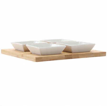 SADA NA SERVÍROVANIE PREDKRMOv - 4 ŠTVORCOVÉ PORCELÁNOVÉ MISKY S BAMBUSOVOU DOSKOU 22x22x3,5CM *7279