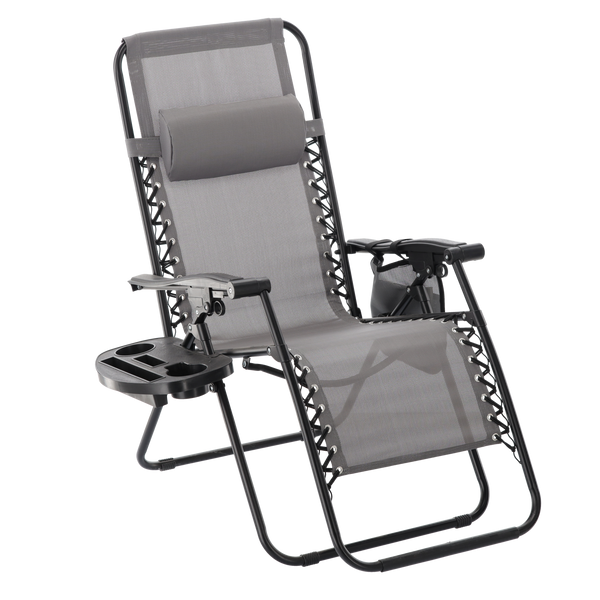 FOLDING GARDEN SUN LOUNGER WITH BASE, POCKET AND HEADREST GREY