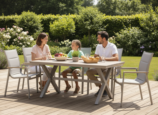 ALUMINIOWY STÓŁ OGRODOWY Z BLATEM POLYWOOD 180 x 100 x 75 CM BEŻOWY