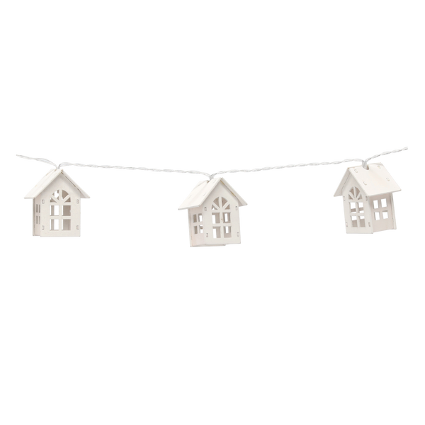 LED LIGHT CHAIN - WHITE WOODEN HOUSES 10 L BATTERY-POWERED