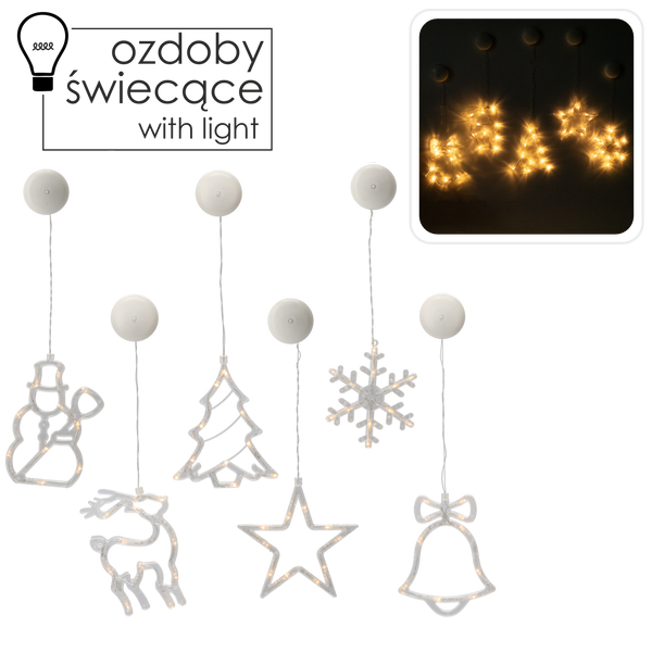 DECORAȚIUNE FESTIVĂ PENTRU FEREASTRĂ LED CU SUCTIE PE BATERII 10L MIX 6 MODELE *4017