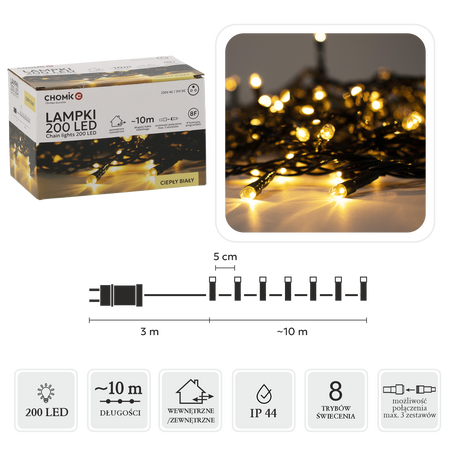 LAMPKI LED 200L CIEPŁY BIAŁY, DŁ. 3 + 10 M WEWN/ZEWN *9447