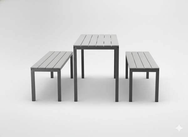 ZESTAW MEBLI OGRODOWYCH STÓŁ 110 x 58.5 x 75.5 CM + 2 ŁAWKI 110 x 39 x 45 CM SZARY